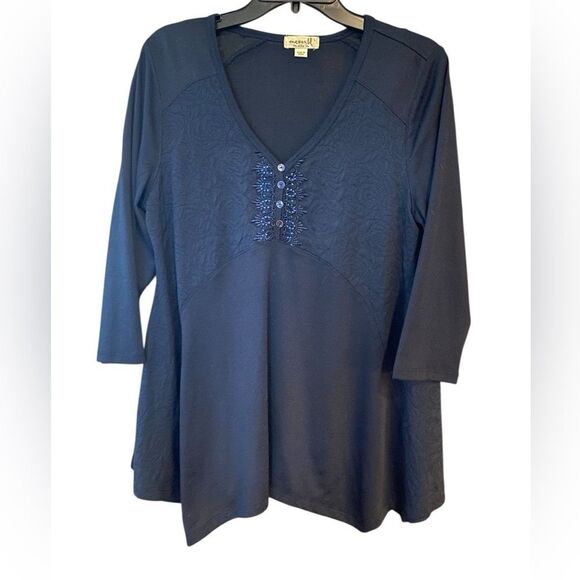 ONE WORLD Sz L Navy Blue Boho Embroidered V-Neck 3/4 Sleeve Fit & Flare Top - Picture 1 of 9